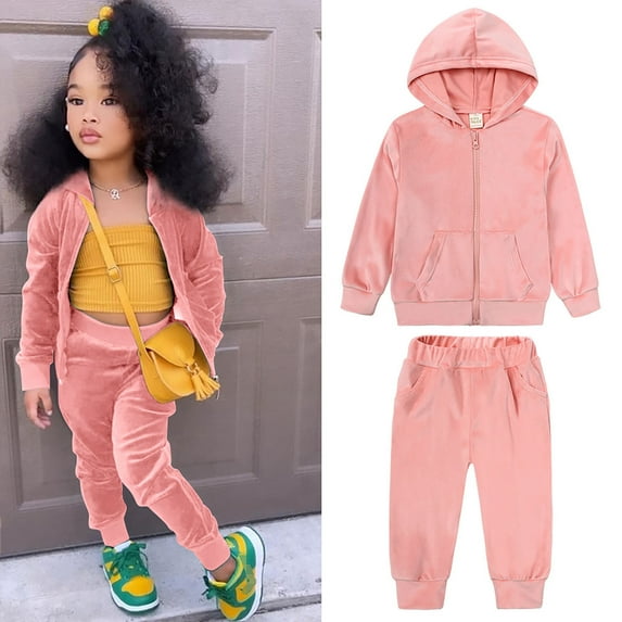 JIANJIA Toddler Girls Outfit Sets Autumn Winter Unisex Solid Sweatsuit Long Sleeve Warm Fleece Pullover Hooded Tops With Pants Pajamas Activewear