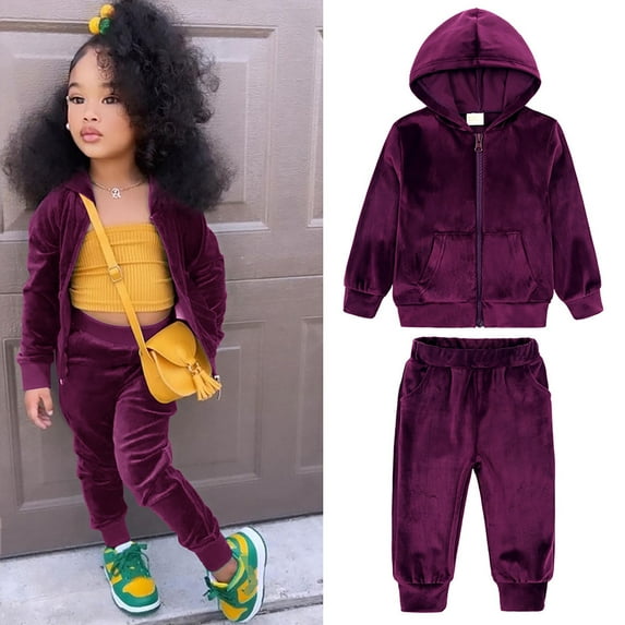 JIANJIA Toddler Girls Outfit Sets Autumn Winter Unisex Solid Sweatsuit Long Sleeve Warm Fleece Pullover Hooded Tops With Pants Pajamas Activewear