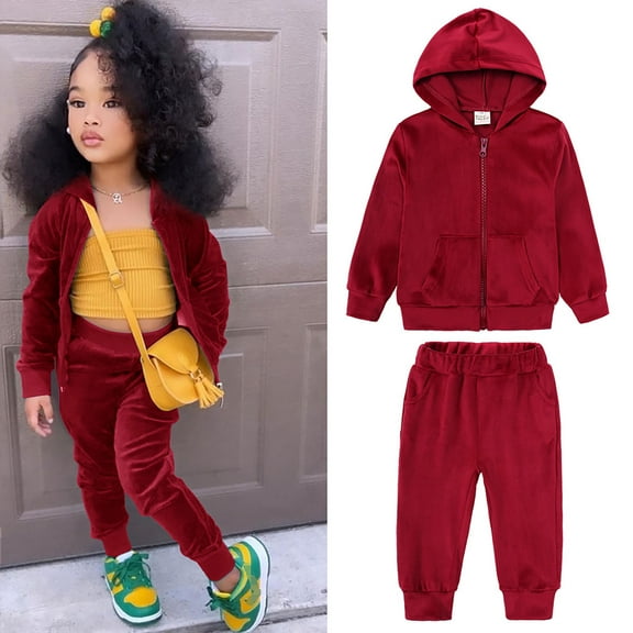 JIANJIA Toddler Girls Outfit Sets Autumn Winter Unisex Solid Sweatsuit Long Sleeve Warm Fleece Pullover Hooded Tops With Pants Pajamas Daily-Wear