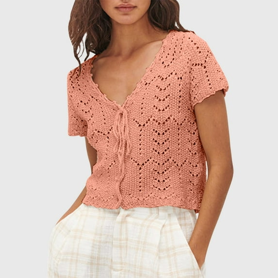JIANJIA Tshirts For Women Cropped Crochet Sweaters Summer V Neck Tie Front Cardigan Short Sleeve Hollow Out Knit Bolero Tops T Shirts Holiday Wear