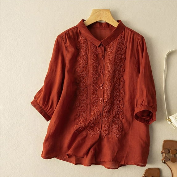 JIANJIA Tshirts For Women Loose Artistical 7 Quarter Sleeve Embroidered Tops T-Shirts Activewear