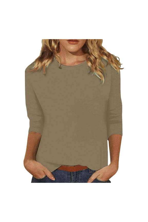 Tshirts For Women Solid Color Crew Neck 3/4 Sleeve Slim Casual Tunic Womens Tops Tee Shirts Sportwear,Beige,XXL
