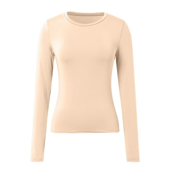 JIANJIA Tshirts For Women Solid Color Crew Neck Long Sleeve Slim Fit Casual Tunic Base Womens Tops T-Shirts Daily-Wear,Beige,XL