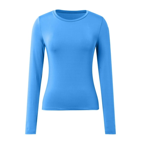 JIANJIA Tshirts For Women Solid Color Crew Neck Long Sleeve Slim Fit Casual Tunic Base Womens Tops T Shirts Outwear,Blue,S