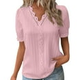 thumbnail image 1 of JIANJIA Tshirts For Women Summer Lace Solid Color V Neck Short Sleeve Fashion Elegant Comfy Soft Womens Tops Tee Shirts Streetwear,Pink,XL, 1 of 8