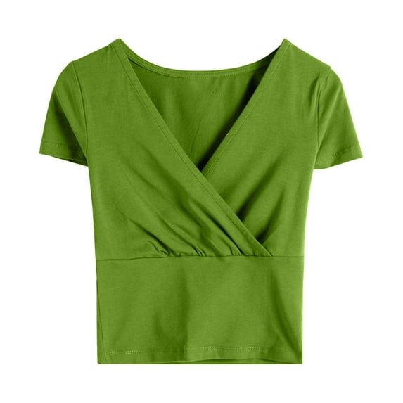 JIANJIA Tshirts For Women V Neck Fitted Ruched Cap Sleeve Wrap Dressy Casual Going Out Summer Tops T-Shirts Daily-Wear