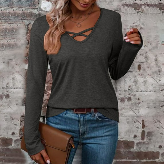 JIANJIA Tshirts For Women V Neck Long Sleeve Cotton Solid Color Casual Simple Tops Tee Shirts Streetwear
