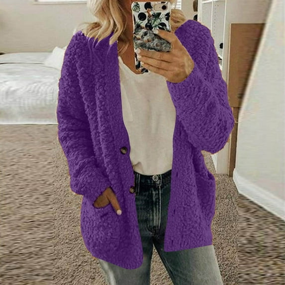 JIANJIA Womens Coats and Jackets Solid Color Casual Plus Size Plush Pockets Buttons Cardigan autumn winter outerwear Holiday Wear
