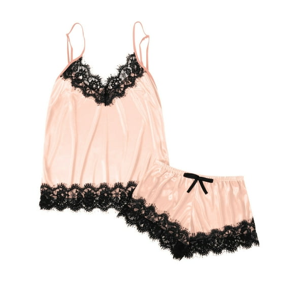 JIANJIA Womens Pajama Sets Sexy Lace Solid Color V Neck Spaghetti Strap Camisole Vest Tops With Shorts Two Piece Sleepwear Underwear,Pink,XXXL