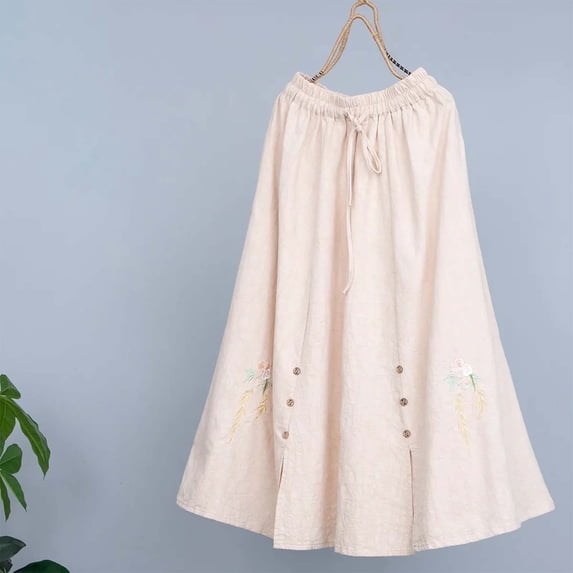 JIANJIA Womens Skirts Autumn Winter Cotton Linen Floral Embroidery Jacquard Elastic High Waist A Line Mid Length Skirt Outwear