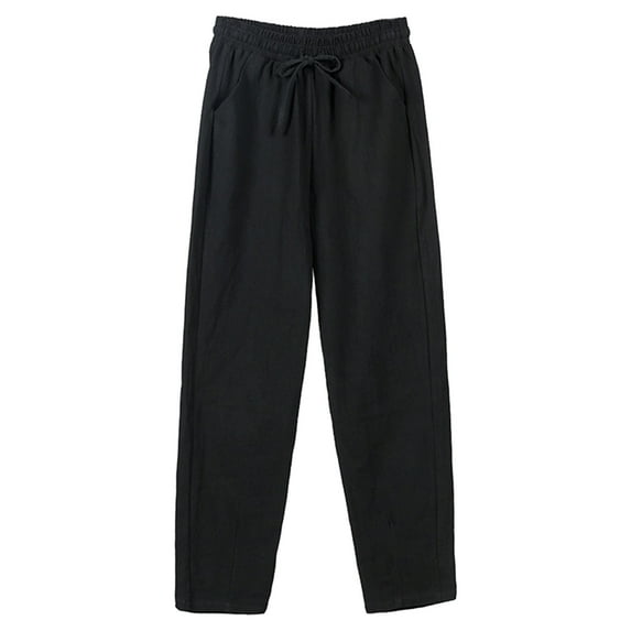 JIANJIA Womens Sweatpants Summer Solid Color High Waisted Drawstring Wide Straight Leg Pants With Pocket Sportwear,Black,XL
