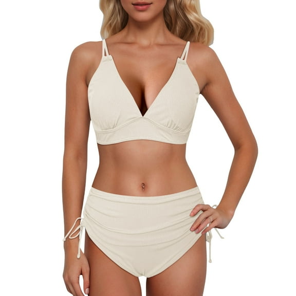 JIANJIA Womens Swimsuits Summer Solid Color V Neck Criss Cross Spaghetti Strap Bra And Panty Set Split Two Piece Tankinis Swimwears Activewear,Beige,S