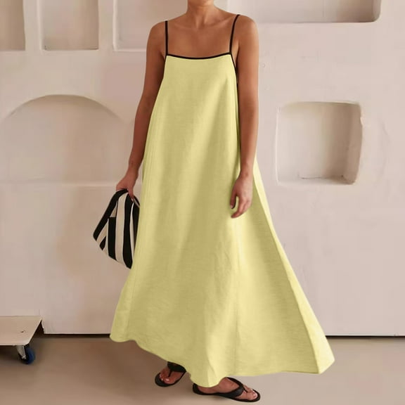 JIANJIA Casual Dresses For Women Maxi Contrast Trim Spaghetti Strap Summer Travel Sleevele Long Dress Activewear