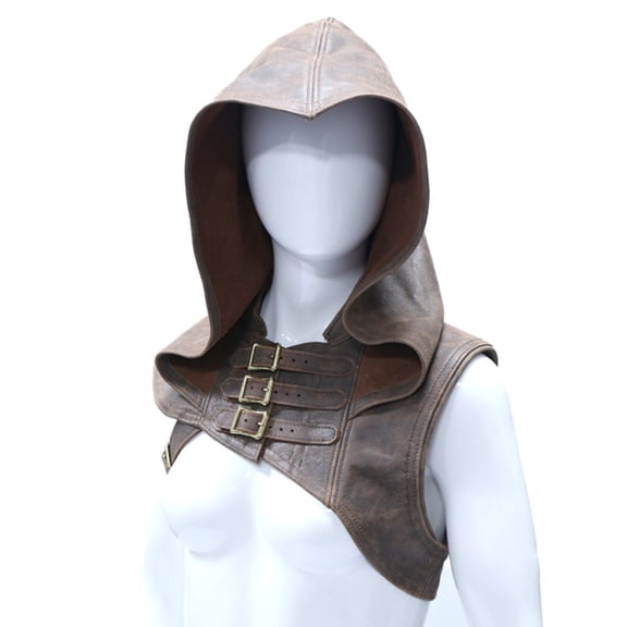 JIANLAI Medieval Renaissance Hooded Cowl Vest Faux Leather Shoulder Armor Costume Accessory Adjustable Buckle Hood for Halloween Viking Knight Warrior for Men Women