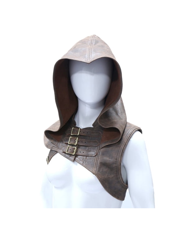 Medieval Renaissance Hooded Cowl Vest Faux Leather Shoulder Armor Costume Accessory Adjustable Buckle Hood for Halloween Viking Knight Warrior for Men Women