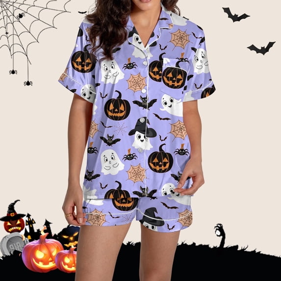 JIANLAI Short Sleeve Sleepshirt All‑Over Print Notched Lapel Button‑Down Short‑Sleeve Top & Elastic Waist Shorts 2‑Piece Silky Sleep Loungewear S‑XXL