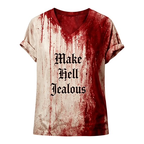 JIANLAI Short Sleeve T-Shirts For Women V‑Neck Short Sleeve T‑Shirt Blood Drip Tie‑Dye Graphic Loose Fit Fall Casual Plus Size Blouse For Holiday Party Daily Outfit