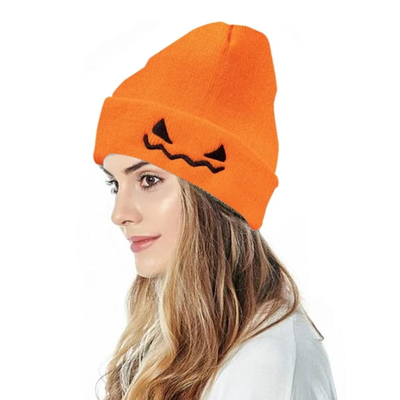 JIANLAI Unisex Halloween Embroidered Cuffed Knit Beanie Hat Soft Stretch Warm Skull Cap Multi‑Color Pumpkin Face Winter Hat
