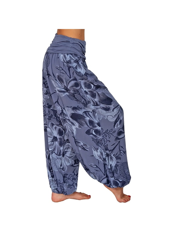Women Fold‑Over Waist Floral Printed Harem Pants, Boho Loose Baggy Split Ankle Casual Trousers With Relaxed Fit, Soft Breathable Flowey Bottoms