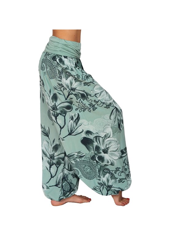 Women Fold‑Over Waist Floral Printed Harem Pants, Boho Loose Baggy Split Ankle Casual Trousers With Relaxed Fit, Soft Breathable Flowey Bottoms