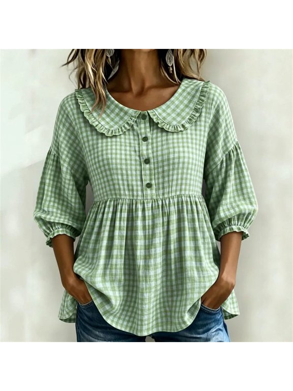 Women Gingham Plaid Peplum Blouse ,Ruffle Peter Pan Collar 3/4 Puff Sleeve Shirt,Lightweight Casual Flowy Plaid Shirt