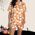 thumbnail image 1 of JIANLAI Women Halloween Pajama Set Short Sleeve Notch Collar Button Down Top And Matching Pumpkin Print Shorts Casual Home Pajama Sets, 1 of 8