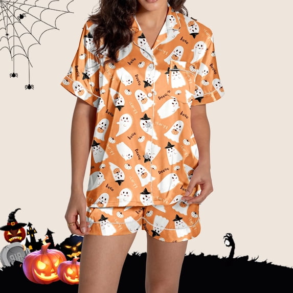JIANLAI Women Halloween Pajama Set Short Sleeve Notch Collar Button Down Top And Matching Pumpkin Print Shorts Casual Home Pajama Sets
