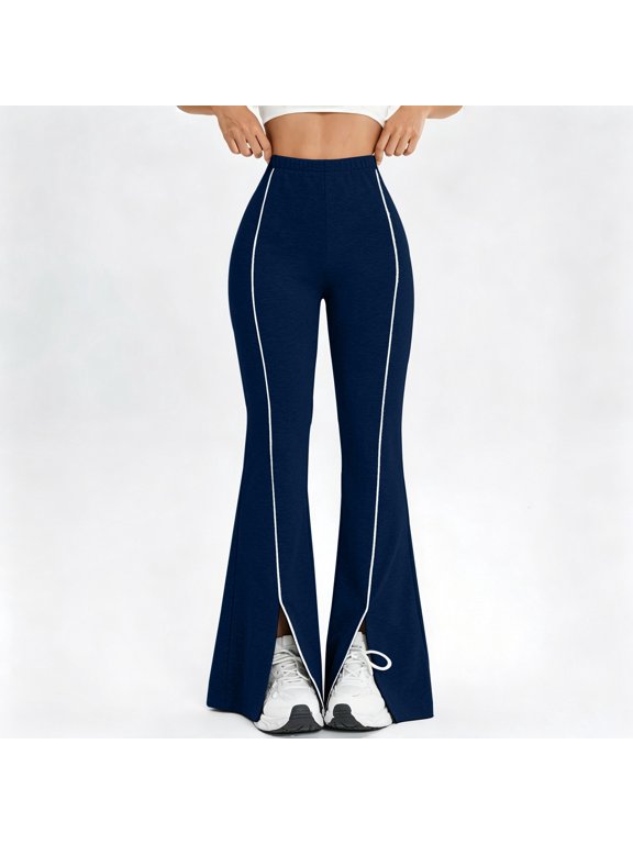 Women High Waist Striped Flare Pants, Front Split Hem Stretchy Slim Fit Bell Bottom Trousers, Contrast Piping Trim Casual Active Bottoms, Comfy High‑Rise Workout Pants