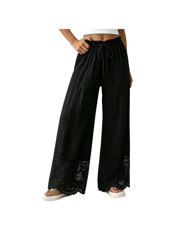 Women Lace Trim Wide Leg Pants, Ruffled Elastic Drawstring Waist Full Length Flowy Trousers, Crochet Eyelet Scalloped Hem Casual Boho Bottoms, Lightweight Relaxed Fit Pants