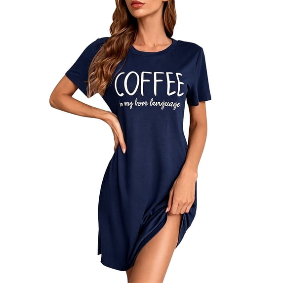 JIANLAI Women Letter Print Short Sleeve Sleep Dress Round Neck Soft Loose Sleepshirt, Lightweight Casual Loungewear Night Shirt Dress With Side Slits For Sleeping Indoor Lounging