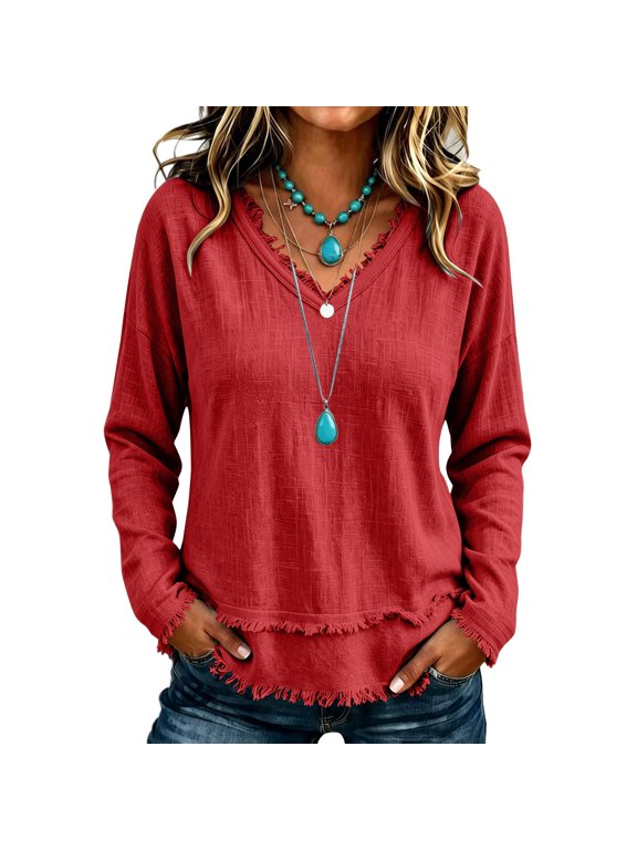 Women Long Sleeve Tops Shirts Fringe Raw Hem Casual Blouse, Loose Drop Shoulder Layered Look Tunic Shirts for Fall Daily Wear