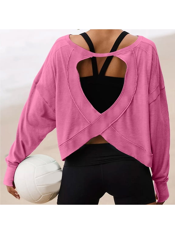 Women Loose Fit Cropped Athletic Top ,Back Cross Cutout Long Sleeve Workout Shirt, Lightweight Breathable Sports Pullover