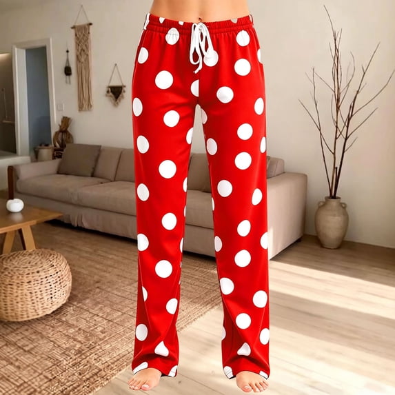 JIANLAI Women Polka Dot Print Pajama Pants, Elastic Drawstring Waist Full‑Length Straight Leg Loungewear Trousers, Soft Relaxed Fit Sleep Bottoms, Lightweight Comfy Casual Pants