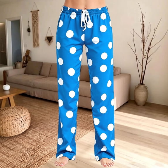 JIANLAI Women Polka Dot Print Pajama Pants, Elastic Drawstring Waist Full‑Length Straight Leg Loungewear Trousers, Soft Relaxed Fit Sleep Bottoms, Lightweight Comfy Casual Pants