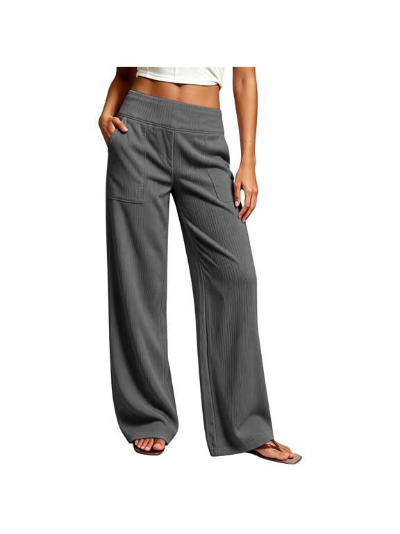 Women Ribbed Knit High Waist Wide Leg Pants, Elastic Waist Full‑Length Loose Casual Trousers, Soft Textured Solid Color Bottoms With Patch Pockets, Relaxed Fit Loungewear