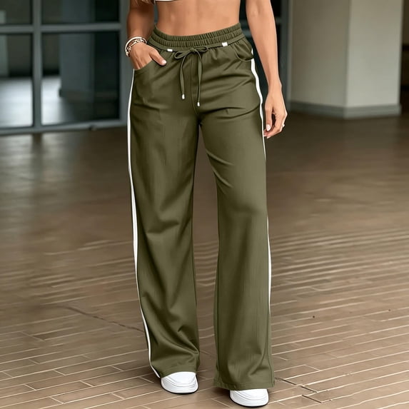 JIANLAI Women Side Stripe Wide Leg Track Pants, Elastic Drawstring High Waist Full Length Loose Casual Trousers, Lightweight Relax‑Fit Athletic Bottoms With Side Pockets, Sporty Lounge Pants