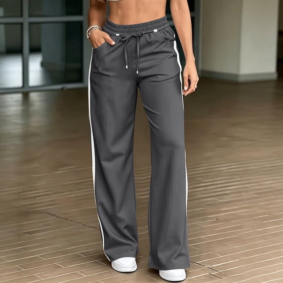 JIANLAI Women Side Stripe Wide Leg Track Pants, Elastic Drawstring High Waist Full Length Loose Casual Trousers, Lightweight Relax‑Fit Athletic Bottoms With Side Pockets, Sporty Lounge Pants
