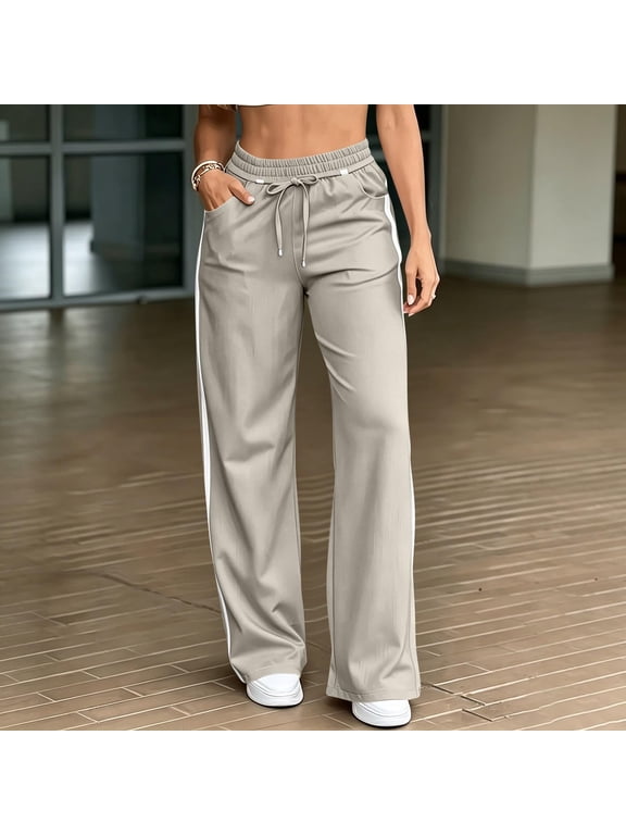 Women Side Stripe Wide Leg Track Pants, Elastic Drawstring High Waist Full Length Loose Casual Trousers, Lightweight Relax‑Fit Athletic Bottoms With Side Pockets, Sporty Lounge Pants