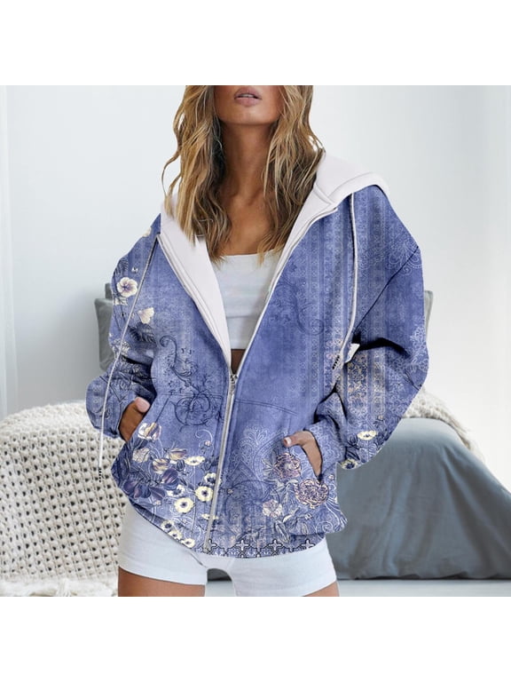 Women's Hoodies & Sweatshirts Vintage Floral Print Long Sleeve Full‑Zip Hooded Sweatshirt with Pockets, Loose Casual Oversized Outerwear Top, Fashion Graphic Hoodie