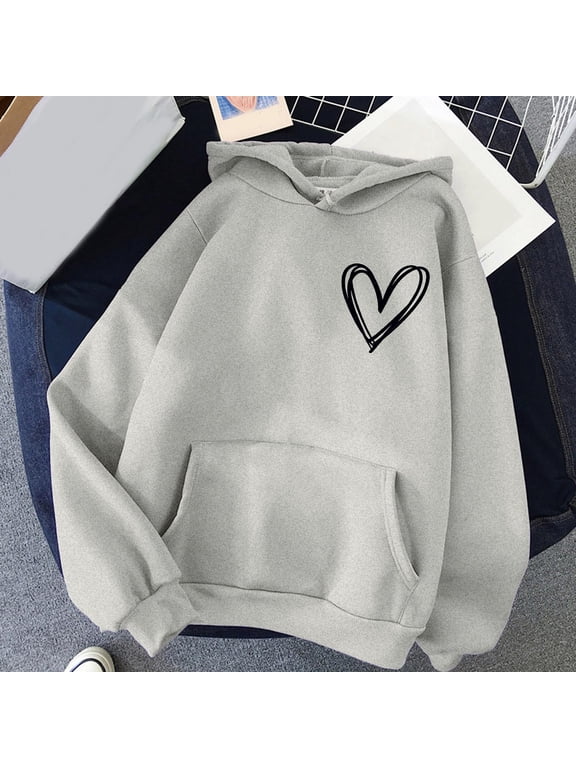Women's Midweight Fleece Full-Zip Solid Color Heart Print Long Sleeve Sweatshirt With Front Kangaroo Pocket, Loose Relaxed Fit Hooded Top