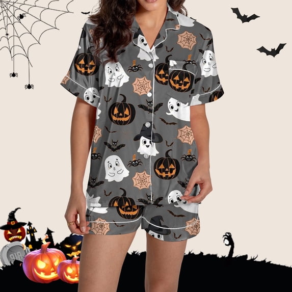 JIANLAI Womens Button Down Pajamas Set All‑Over Print Notched Lapel Button‑Down Short‑Sleeve Top & Elastic Waist Shorts 2‑Piece Silky Sleep Loungewear S‑XXL