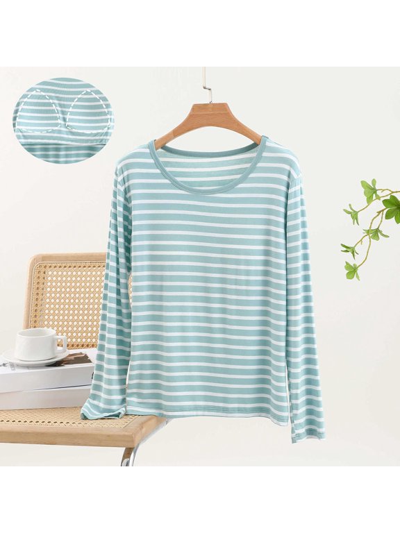 Womens Tops Dressy ,Soft Stretchy Fitted Basic Layering T-Shirt, Casual Crew Neck Striped Base Layer Blouse, Lightweight Breathable Long Sleeve Undershirt