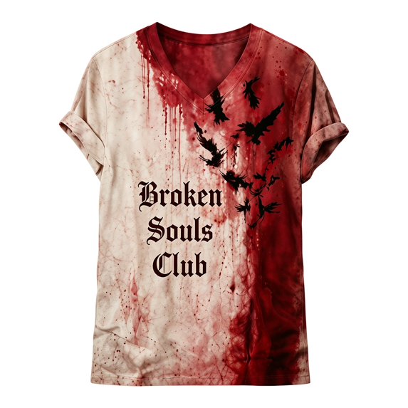 JIANLAI Womens Tops Short Sleeve Shirts V‑Neck Short Sleeve T‑Shirt Blood Drip Tie‑Dye Graphic Loose Fit Fall Casual Plus Size Blouse For Holiday Party Daily Outfit