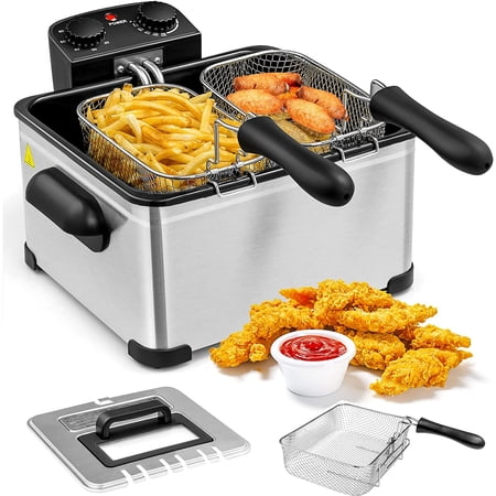 JIANYI 1700W Electric Deep Fryer with 3 Baskets, 5.3QT/21-Cup Frier Cookers Home Fryer, Large Oil Container, Lid with View Window, Adjustable Temperature and Timer, Family Kitchen Restaurant Use