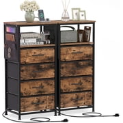 JIANYI 2 Nightstands with Integrated Charging Station, 34" Tall Modern End Table with 4 Fabric Drawers, Side Pockets and Open Shelf, Bedside Table with 2 AC Outlets, USB and Type-C Ports for Bedroom