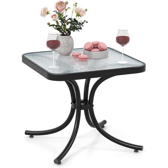 JIANYI 20" Outdoor Square Side Table, Tempered Glass Top, Metal Frame, Small Patio End Table for Garden, Balcony, Poolside, Porch
