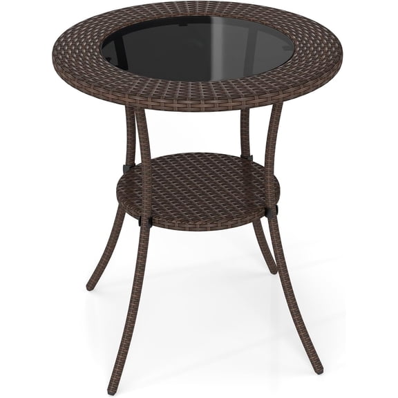 JIANYI 25.5" Wicker Patio Dining Table, Outdoor Round Bistro Side Table w/Tempered Glass Top & Storage Shelf for Balcony, Garden