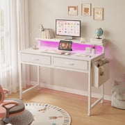 JIANYI 31.5" Computer Desk w/ 2 Drawers & LED, Home Office Desk w/ Side Pocket & Monitor Stand, Small Study Writing Table, White