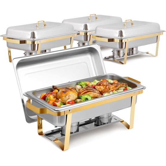 JIANYI 4 Pack 8QT Food Warmer, Rectangular Chafing Dish Buffet Set w/Foldable Frame Legs, Stainless Steel Full Size Chafer Dish for Parties, Gold