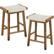 JIANYI Bar Stools Set of 2, 25.5  Counter Height Bar Chairs with Seagrass Woven Seat, Solid Wood Frame and Footrests, Backless Saddle Barstools for Kitchen, Dining Room